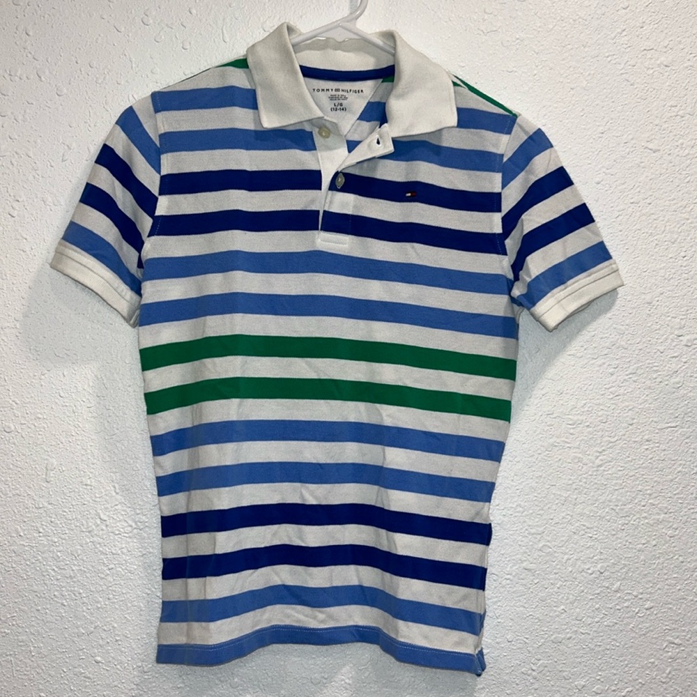 Tommy Hilfiger white & blue striped short sleeve cotton polo shirt for boys